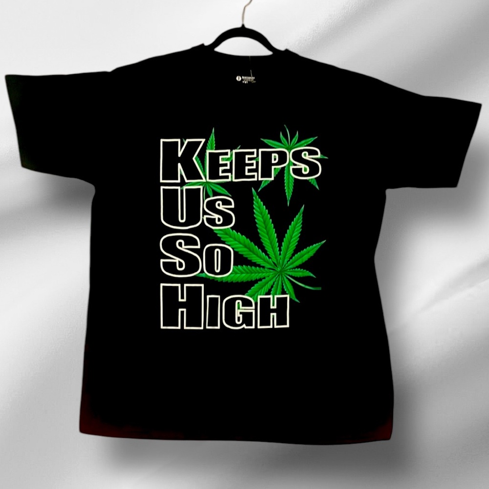 Black Graphic T-Shirt with Green Leaf Design 420 Friendly